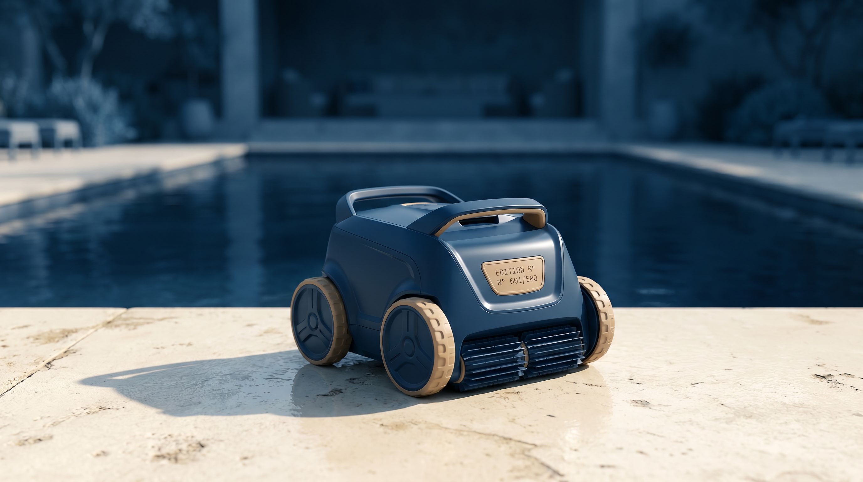 Robot aspirateur de piscine sans fil, vue éditoriale sur fond marine